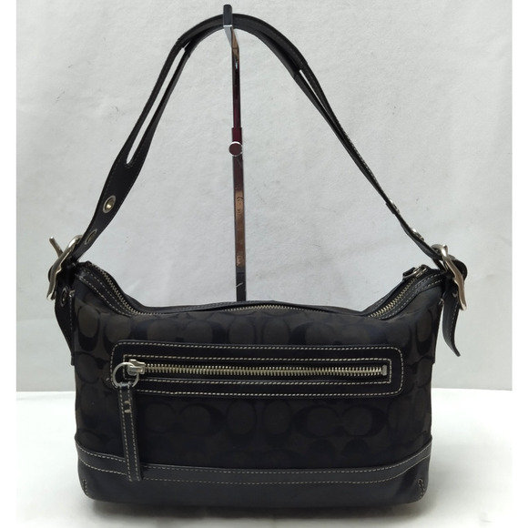 Coach Signature Black Canvas Leather Trim Zipper Closure Hobo Shoulder Bag - Picture 2 of 16
